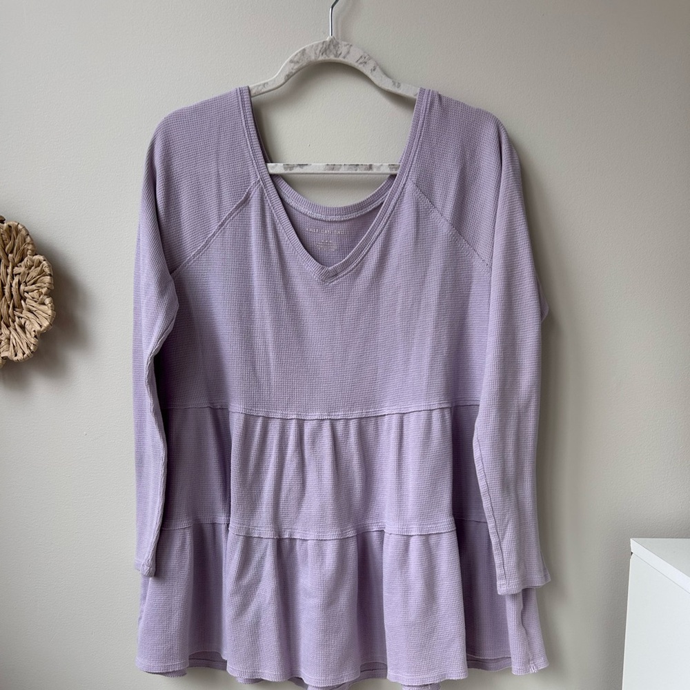 American Eagle Outfitters Lilac V-Neck Peplum Long-Sleeve Top
